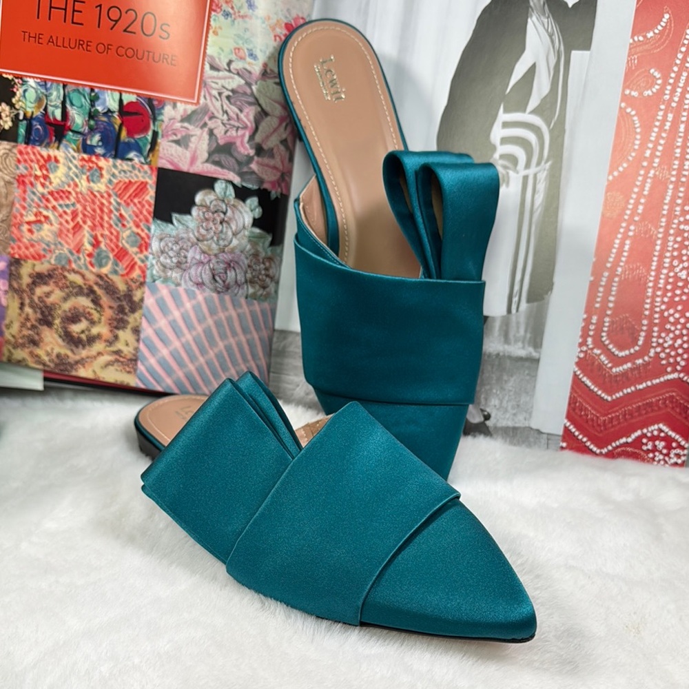 Lewit Filippo Satin Bow Mules Slip on lats SZ 8.5 teal color
